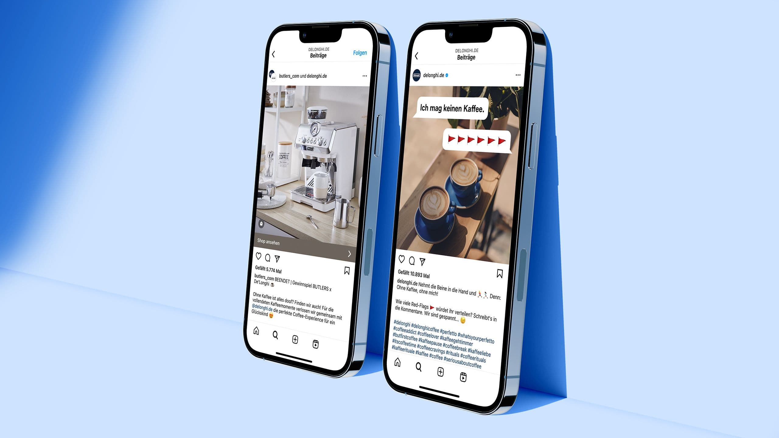 Darstellung zweier Smartphones, auf denen Social-Media-Kanäle von De'Longhi geöffnet sind.