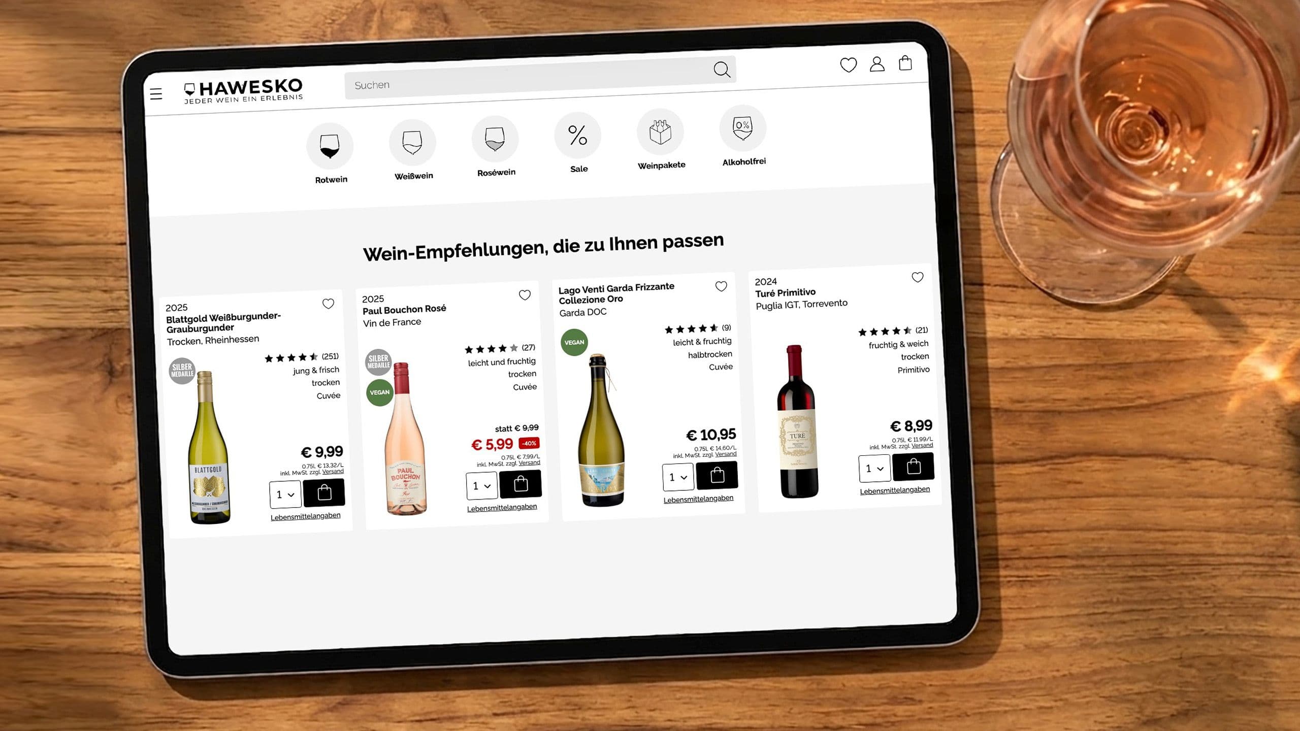 Tablet-Ansicht von 4 Weinen im HAWESKO Online-Shop