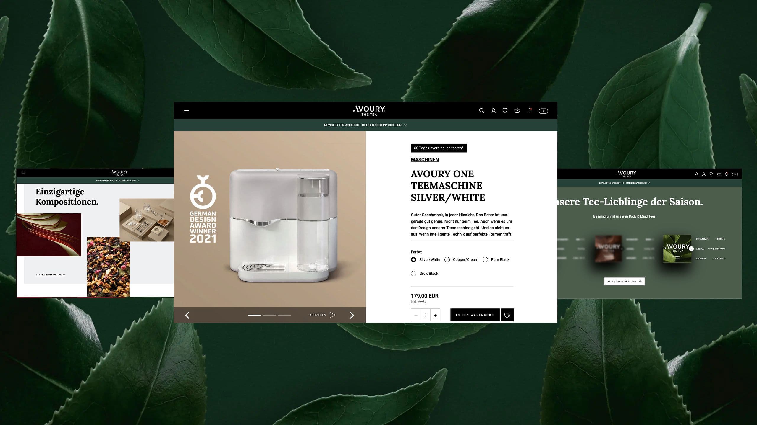 Abgebildet sind drei Screenshots von der AVOURY Website, die Teekompositionen, die Premium-Teemaschine und die verschiedenen Teesorten zeigen